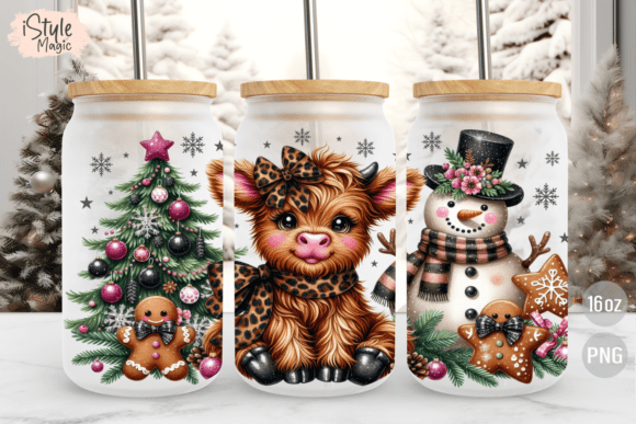 Christmas Cow 16 Oz Glass Can Wrap PNG: Tumbler Wraps for Seasonal Branding
