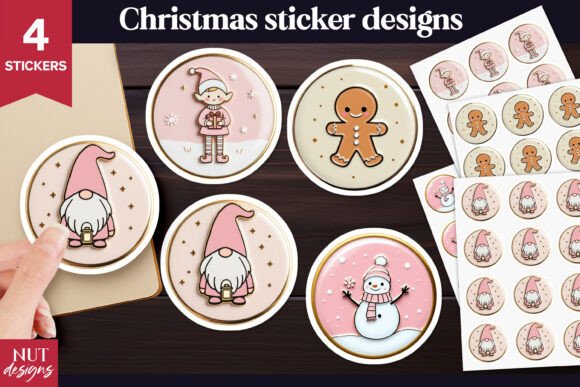 Pink Enamel Christmas Stickers PNG for Crafts and Digital Sales